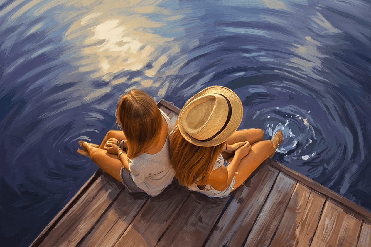 Painterly scene of people relaxing on a dock by the water