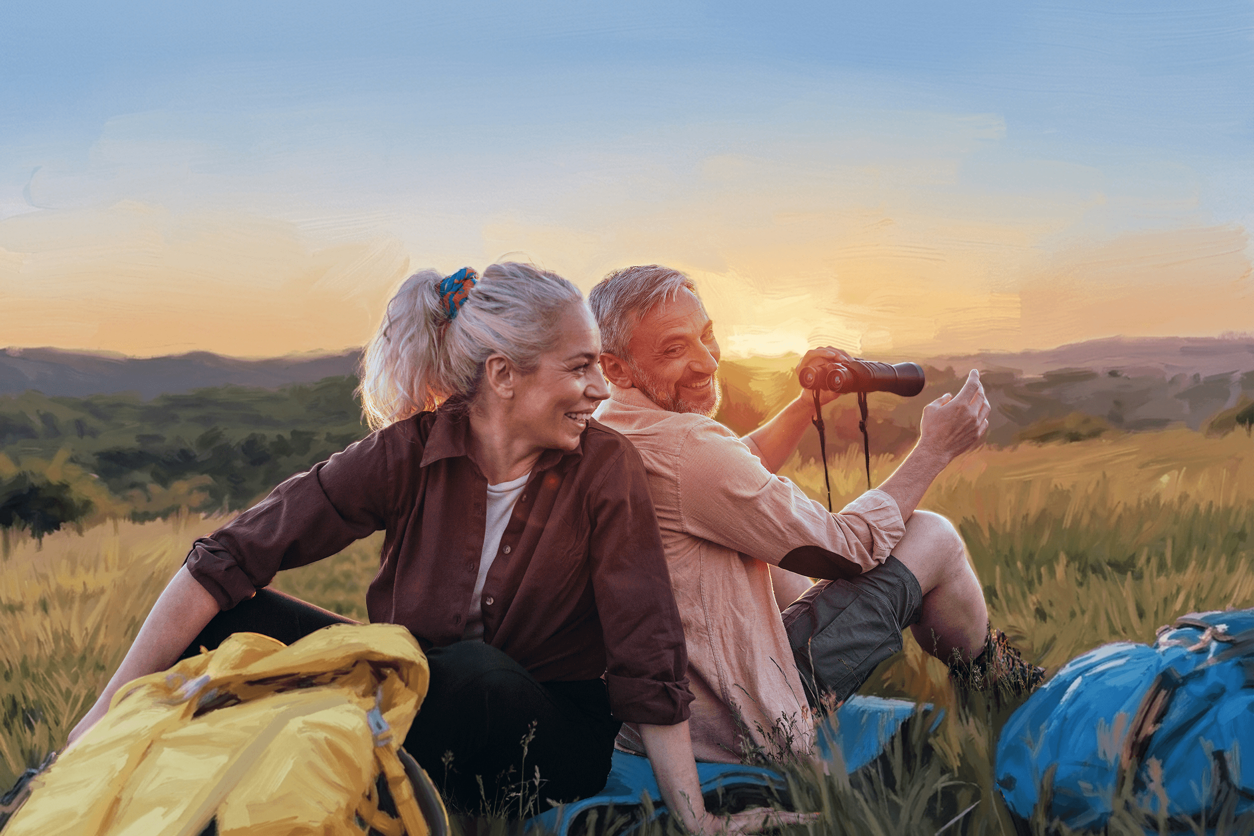 Painterly scene of hikers looking out over a sunset landscape