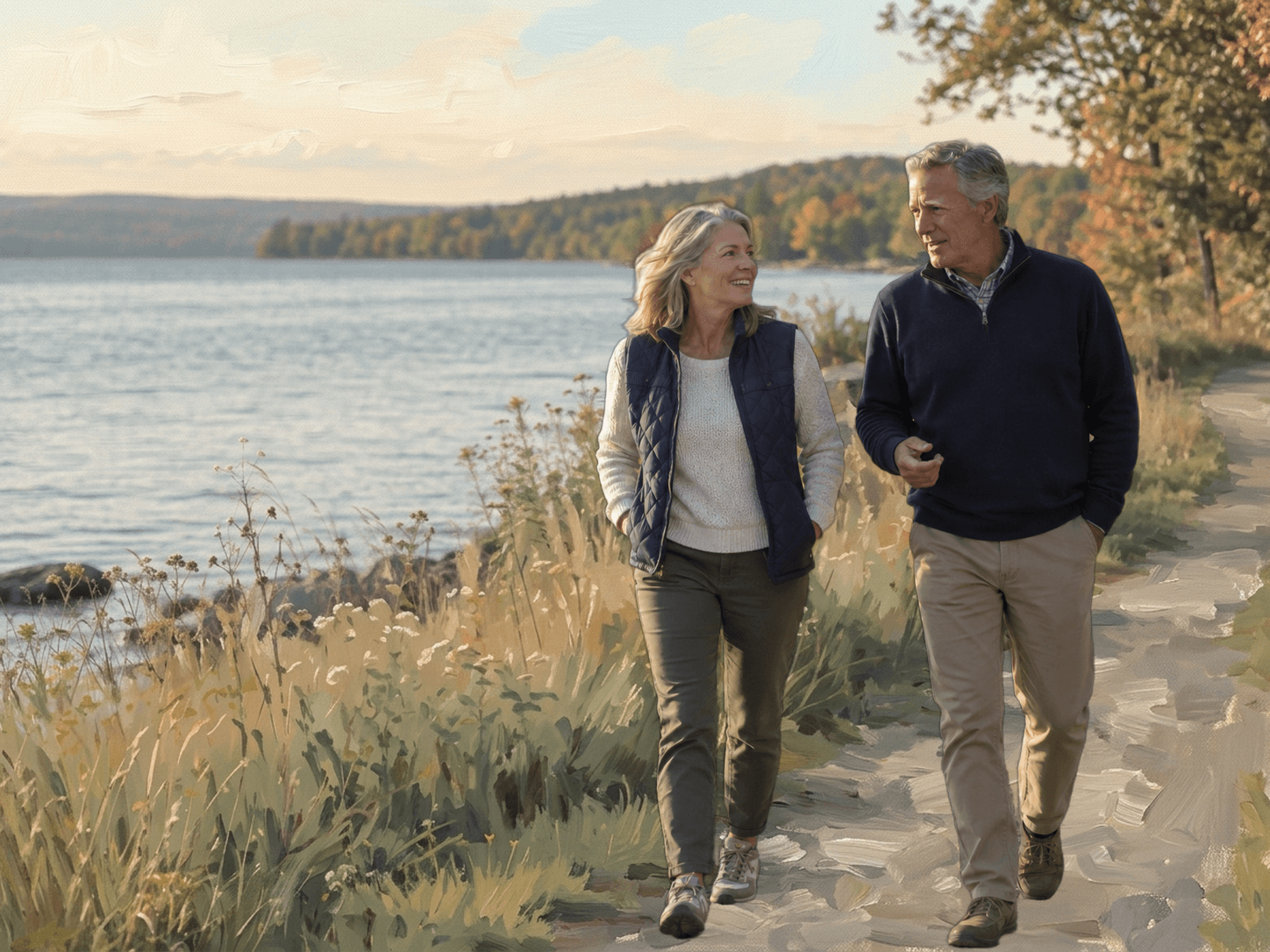 A mature couple walking together beside a lake in early autumn