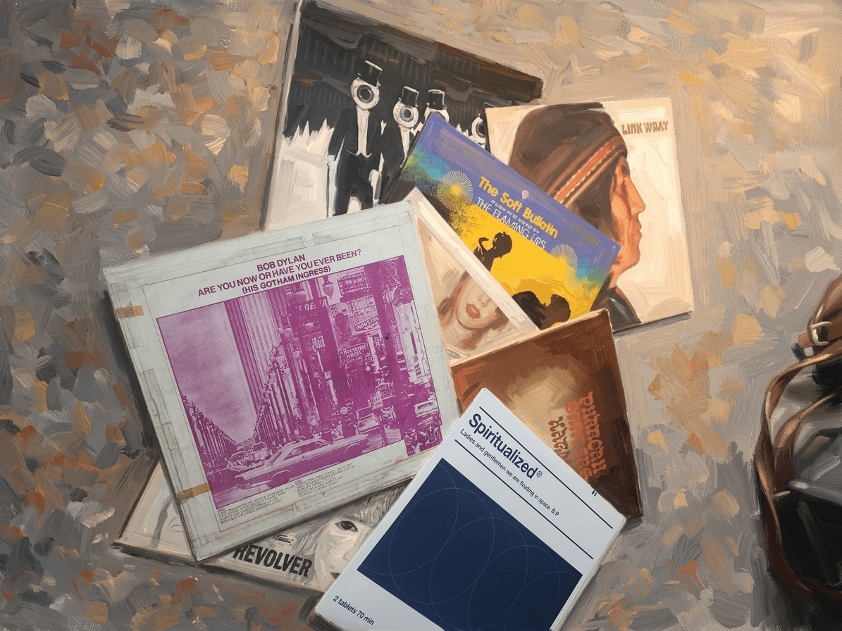 A collage of painted album covers, stacked and overlapping
