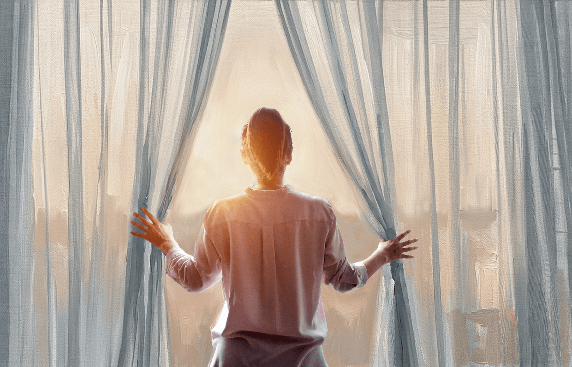 A woman opening sheer curtains to bright morning light, painted style