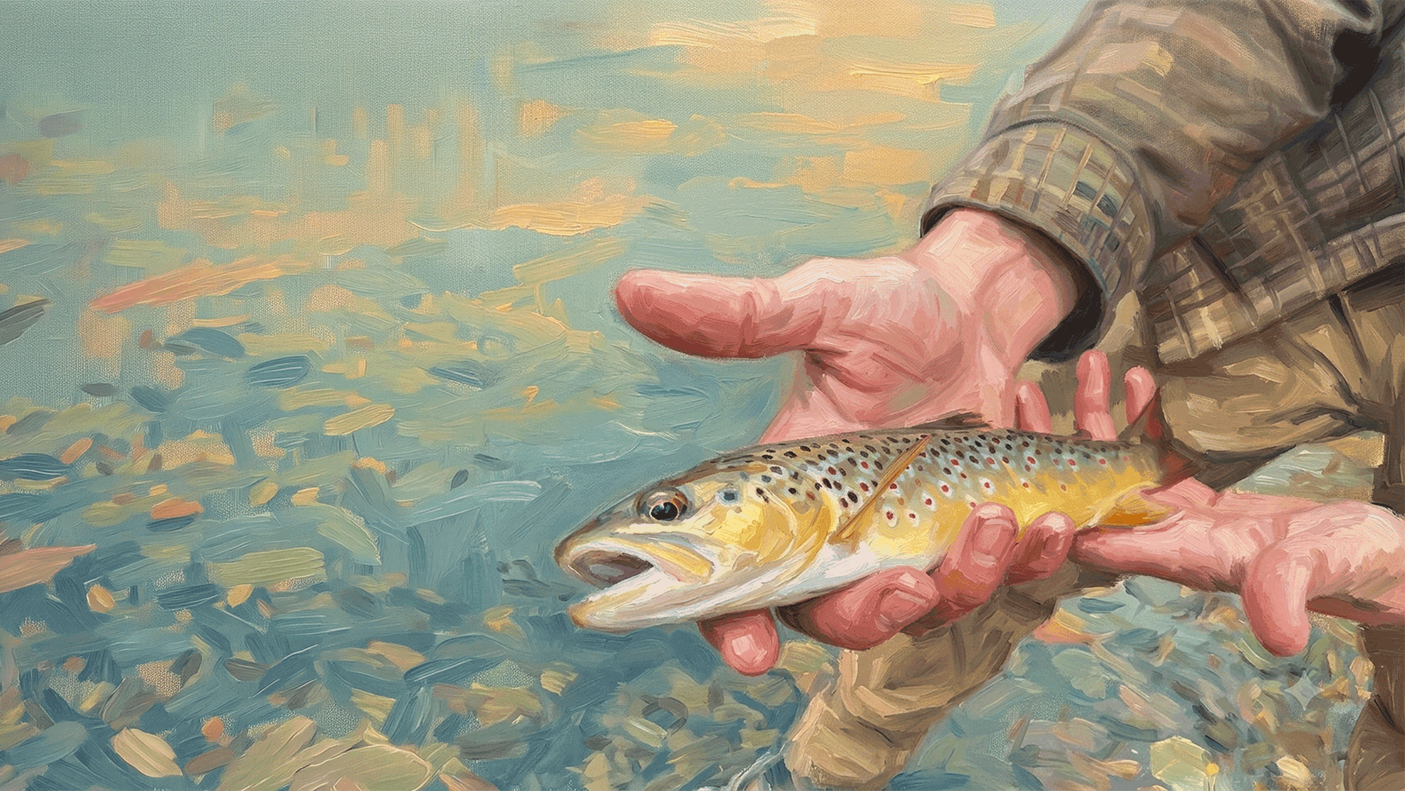 Man holding a small trout in the river