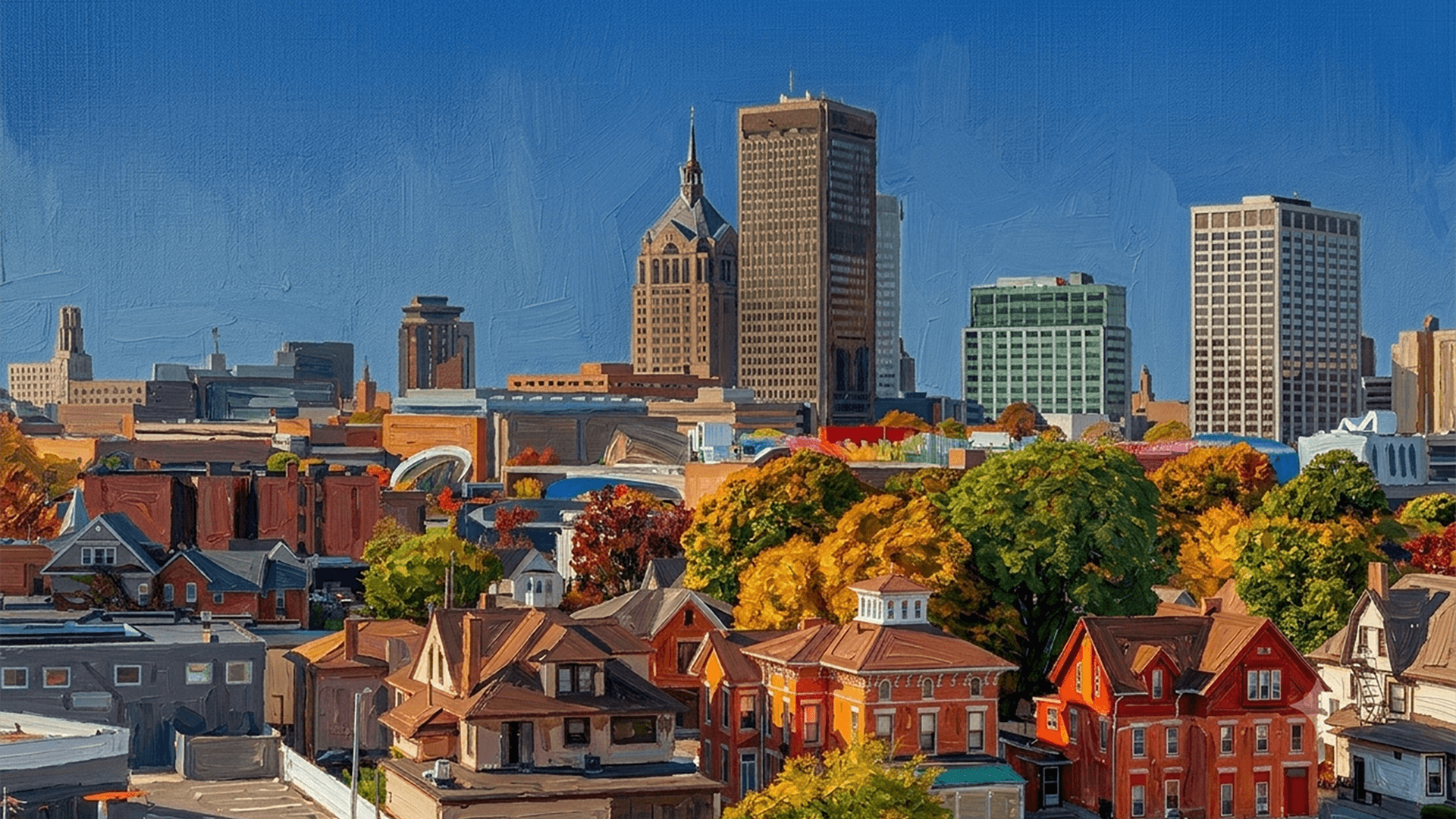 A painted view of the Rochester, New York skyline over brick houses and autumn trees